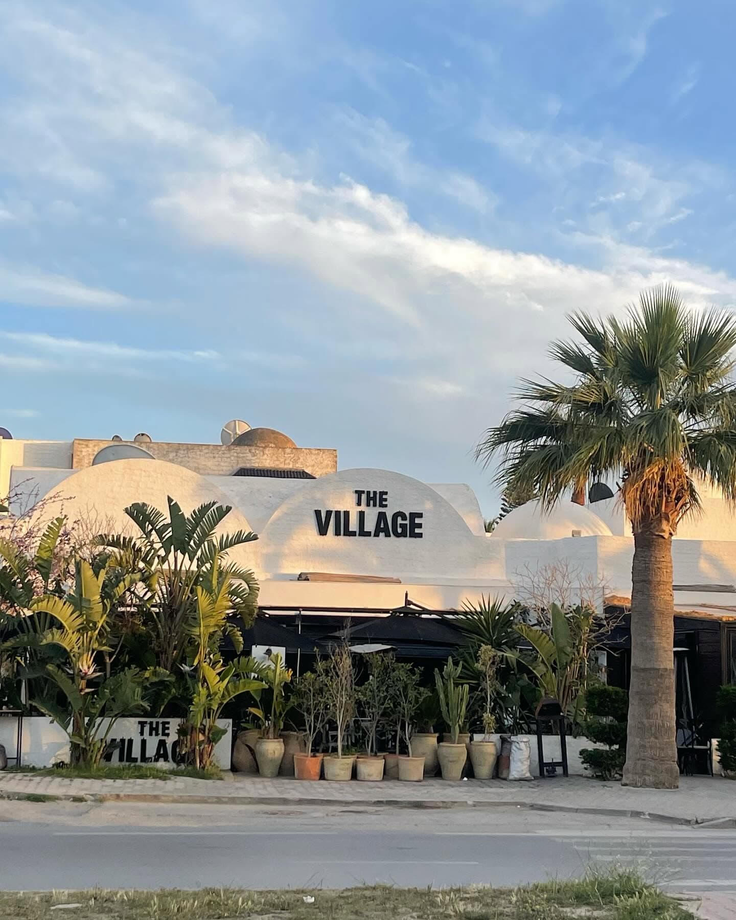 The white domes of The Village seen from the street at golden hour, a palm tree in the foreground