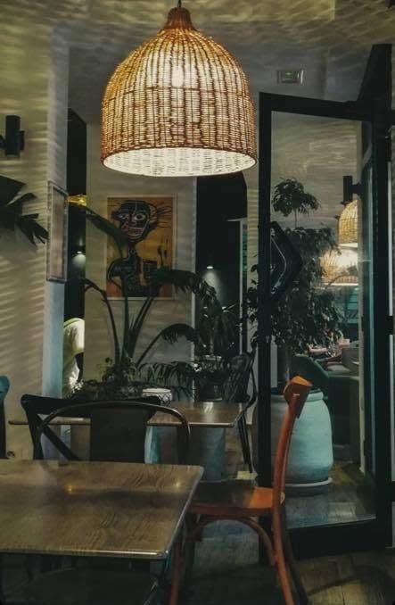 A quiet corner of the room, rattan pendant and plants